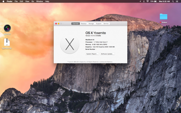 OS X 10.10 alias Yosemite auf dem Macbook Air in dem Build, der dem System für die Neuinstallation angeboten wurde (Screenshot: Golem.de)